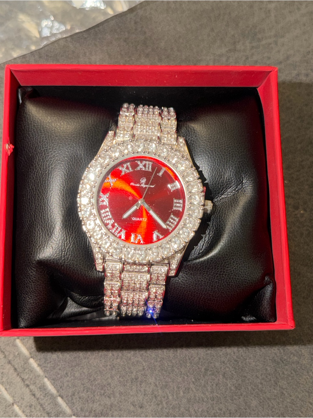 Mens Silver Crystal Bracelet Watch With Red Dial